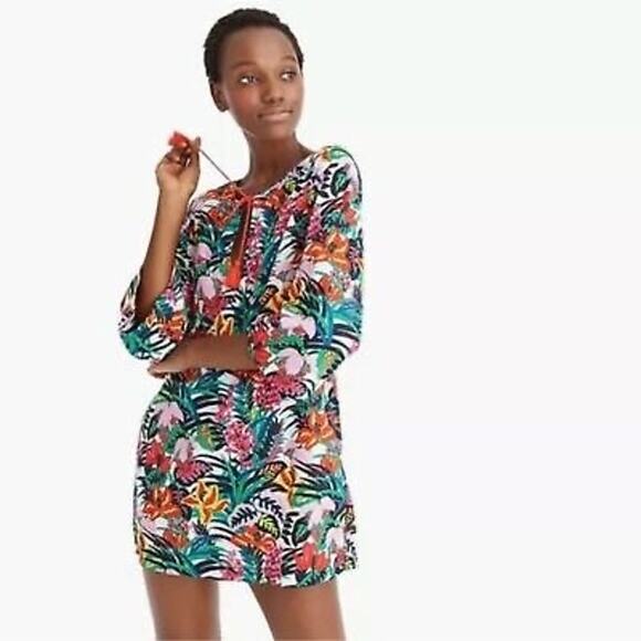 J. Crew Women’s Tassel-Tie Beach Tunic Dress Coverup In Cotton Floral Palm Sz L - Picture 1 of 12
